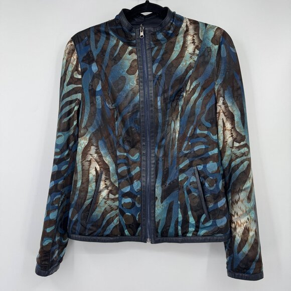 Populer Woman's Mosaic Blue Reversible Leather Jacket woman’s size Large - Picture 9 of 14